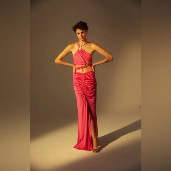 vesper orange dress Vesper Bengaline One Shoulder Cut Out Detail Front Split Maxi Dress in Orange